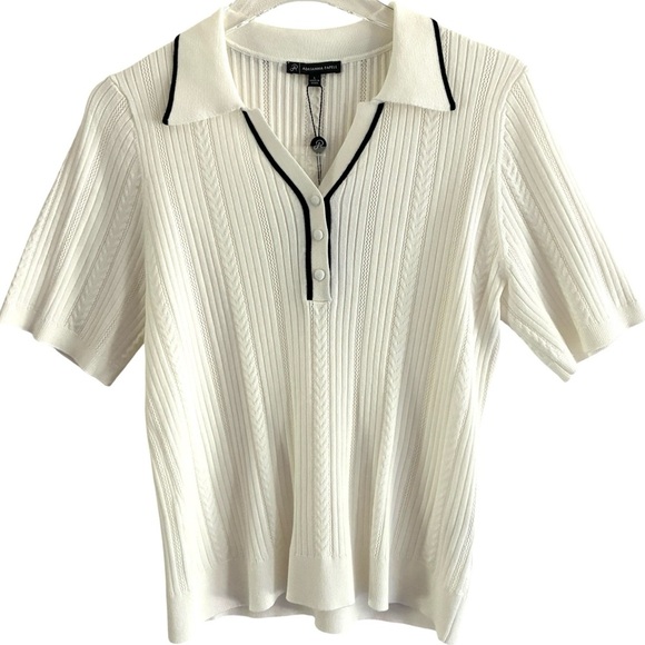 Adrianna Papell OpenV-Neck Polo Mix Rib Cable Knit Short Sleeve Large - Picture 3 of 10